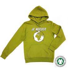 Afbeelding in Gallery-weergave laden, Je Moeder Hoodie Moss Green. Moss green hoodie with kangeroo pocket and white Je Moeder Mother Earth screenprint. Photo of front of hoodie.
