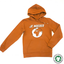 Load image into Gallery viewer, Je Moeder Hoodie Mustard Brown. Mustard brown hoodie with kangeroo pocket and white Je Moeder Mother Earth screenprint. Photo of front of hoodie.