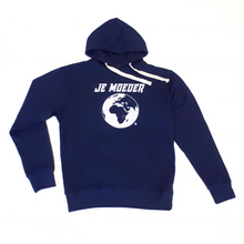 Afbeelding in Gallery-weergave laden, Je Moeder Hoodie Navy. Navy blue hoodie with white Je Moeder Mother Earth screenprint. Photo of front of hoodie.