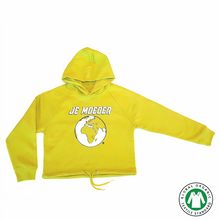Afbeelding in Gallery-weergave laden, Je Moeder Hoodie Yellow. Short Yellow hoodie with white Je Moeder Mother Earth screenprint. Photo of front of hoodie.
