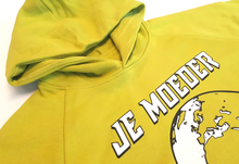 Afbeelding in Gallery-weergave laden, Je Moeder Hoodie Yellow. Short Yellow hoodie with white Je Moeder logo screenprint of Mother Earth.