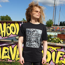 Load image into Gallery viewer, Stop Making Stupid People Famous - Loenatix Organic Fairtrade T-shirt Graphic T-shirt color Vintage Black on Model