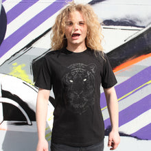 Load image into Gallery viewer, Tiger Black Glow in the Dark - Loenatix Eco Cotton Fairtrade T-shirt Animal Print T-shirt color Black on Model