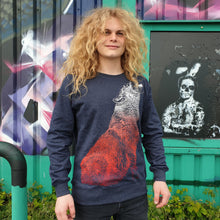 Load image into Gallery viewer, Wolf Navy Recycled - Loenatix Organic Cotton Fairtrade Sweater Animal Print Sweater color Navy on Model