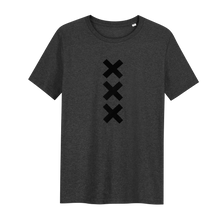 Afbeelding in Gallery-weergave laden, XXX Amsterdam Dark Heather Grey (Black) T-shirt - Loenatix Fairtrade T-shirt Amsterdam T-shirt color Dark Heather Grey with 3 Velvet Black Amsterdam Crosses