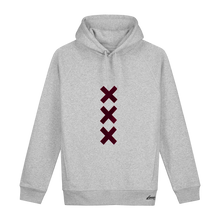 Load image into Gallery viewer, XXX Amsterdam Grey (Burgundy) Hoodie - Loenatix Eco Cotton Fairtrade Hoodie Amsterdam Hoodie color Heather Grey with 3 Velvet Burgundy Red Amsterdam Crosses