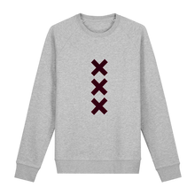 Afbeelding in Gallery-weergave laden, XXX Amsterdam Grey (Burgundy) Sweater Jumper - Loenatix Eco Cotton Fairtrade Sweater Amsterdam Sweater Jumper color Heather Grey with 3 Velvet Burgundy Red Amsterdam Crosses