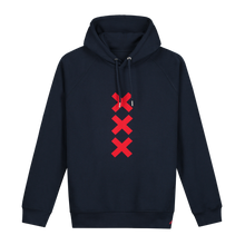 Afbeelding in Gallery-weergave laden, XXX Amsterdam Navy (Red) Hoodie - Loenatix Organic Cotton Fairtrade Hoodie Amsterdam Hoodie color Navy with 3 Velvet Red Amsterdam Crosses