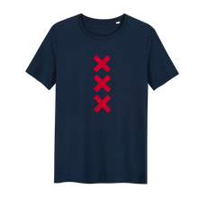 Afbeelding in Gallery-weergave laden, XXX Amsterdam Navy (Red) T-shirt - Loenatix Organic Cotton Fairtrade T-shirt Amsterdam T-shirt color Navy with 3 Velvet Red Amsterdam Crosses