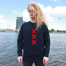Load image into Gallery viewer, XXX Amsterdam Navy (Red) - Loenatix Organic Cotton Fairtrade Sweater Amsterdam Sweater color Navy on Model
