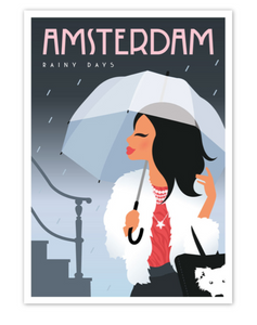 Postcard Amsterdam Rainy Days Lady with Umbrella 