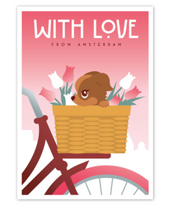 Postcard Amsterdam With Love Doggie Bike Basket with Tulips