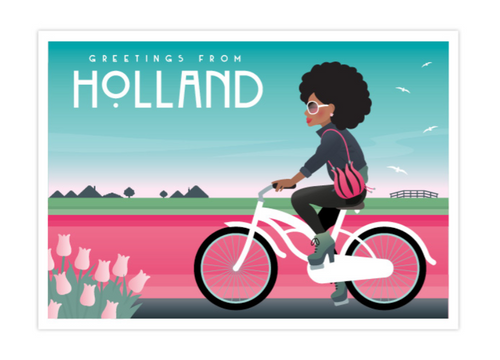 Postcard Holland Afro Bike Girl Tulipfields Keukenhof Dike Dutch Landscape