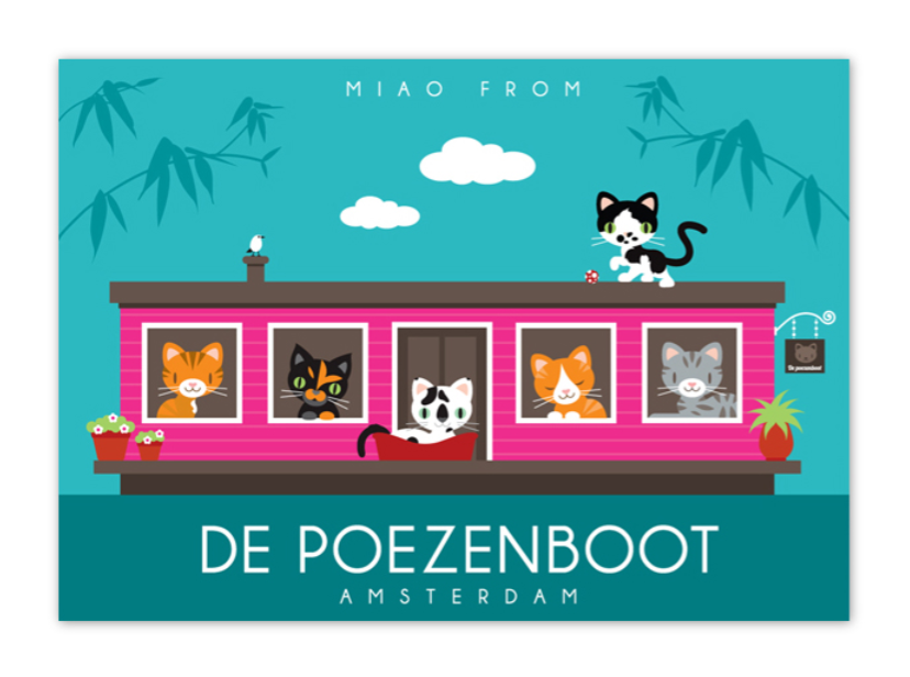Postcard Amsterdam Poezenboot Houseboat Singel Canal