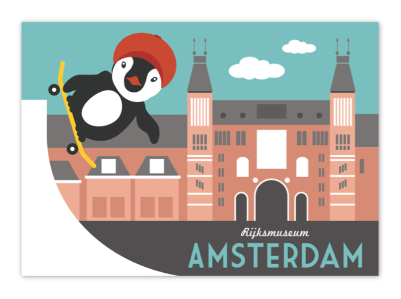 Postcard Amsterdam Rijksmuseum Skateboard Pinguin Museumplein