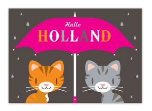 Postcard Holland Hallo Umbrella Cats in the Rain