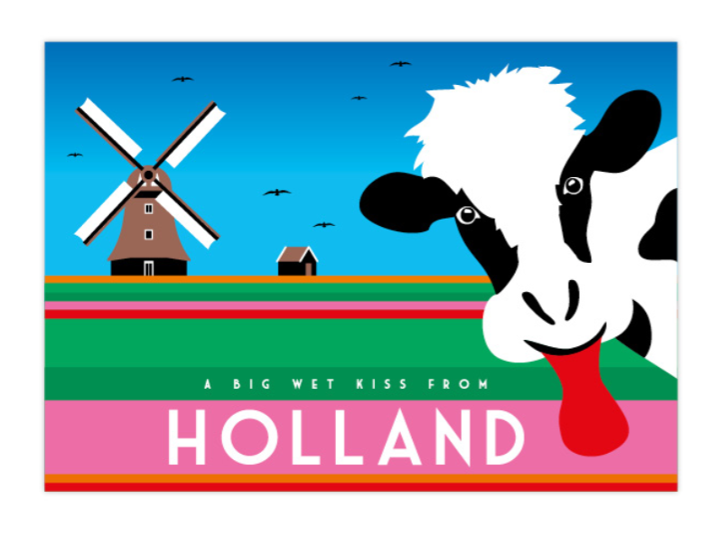 Postcard Holland Cow Windmill  Big Wet Kiss From Holland