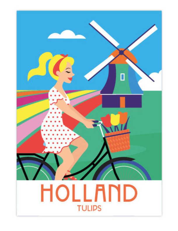 Postcard Holland Tulips Blond Bike Girl Tulipfields Basket with Tulips