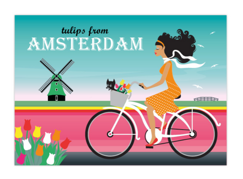 Postcard Amsterdam Tulips Bike Girl Tulipfields Windmill