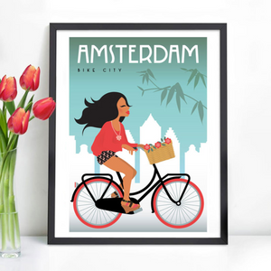 Poster Amsterdam Bike Girl Basket with Tulips