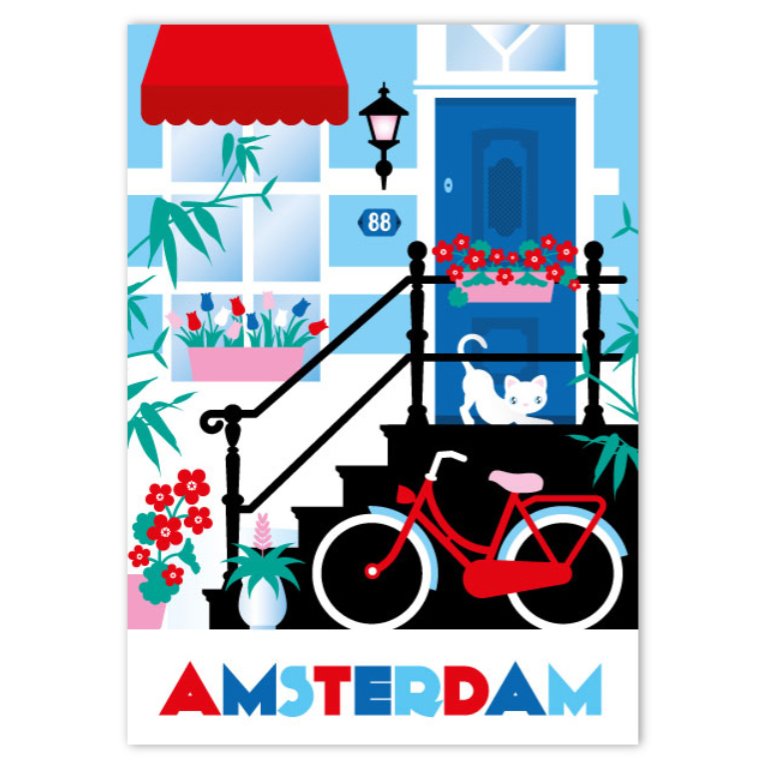 Poster Amsterdam Canal House Steps Bike Cat Tulips
