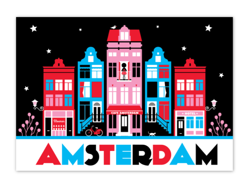 Postcard Amsterdam Canal Houses Red Black Nieuwmarkt