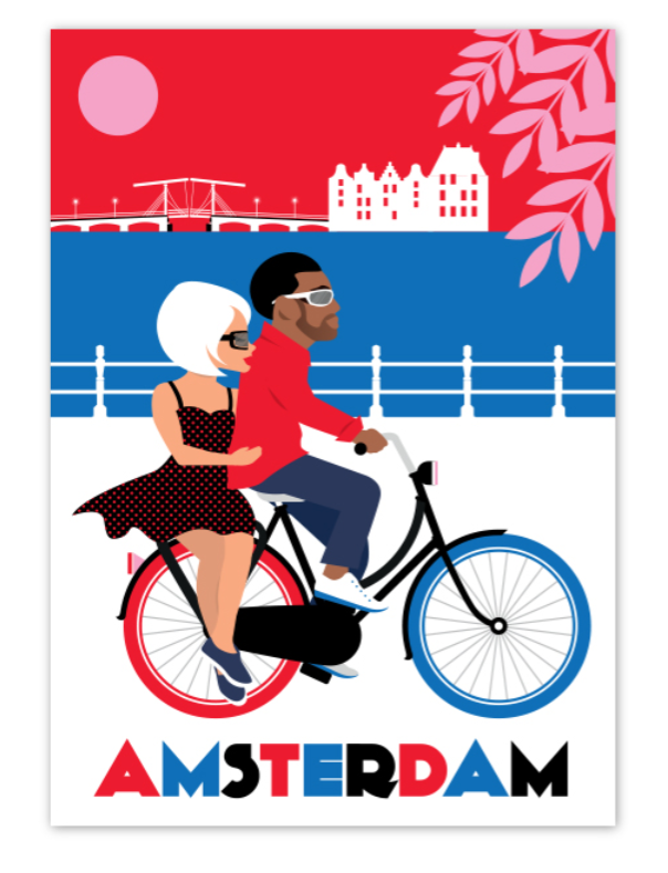 Postcard Amsterdam Happy Couple on Bike Amstel River Skinny Bridge