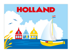Postcard Holland Volendam Sailboat Houses on Dike IJsselmeer Lake