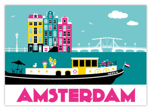 Postcard Amsterdam Houseboat Amstel River Skinny Bridge