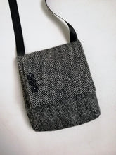 Load image into Gallery viewer, Classy crossbody bag handmade from the sleeve of a reused suit jacket, designed by Anne van Dijk, Color Grey Herringbone, Sleevebuttons
