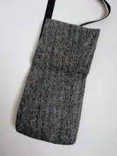 Load image into Gallery viewer, Classy crossbody bag handmade from the sleeve of a reused suit jacket, designed by Anne van Dijk, Color Grey Herringbone, Flipped open
