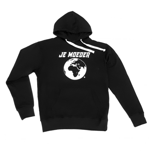 Je Moeder Hoodie Black. Black hoodie with white Je Moeder Mother Earth screenprint. Photo of front of hoodie.