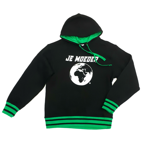 Je Moeder Hoodie Black Green. Black hoodie with green cuffs, waist band and drawstring. White Je Moeder Mother Earth screenprint. Photo of front of hoodie.