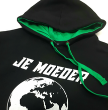 Load image into Gallery viewer, Je Moeder Hoodie Black Green. Photo of Black hoodie with green drawstring and hood with green innerside.
