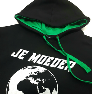 Je Moeder Hoodie Black Green. Photo of Black hoodie with green drawstring and hood with green innerside.