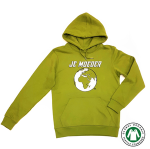 Je Moeder Hoodie Moss Green. Moss green hoodie with kangeroo pocket and white Je Moeder Mother Earth screenprint. Photo of front of hoodie.