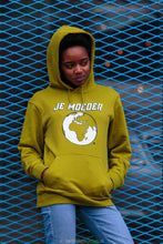 Load image into Gallery viewer, Je Moeder Hoodie Moss Green. Moss green hoodie with white Je Moeder Mother Earth screenprint. Photo of woman wearing this hoodie.
