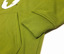 Load image into Gallery viewer, Je Moeder Hoodie Moss Green. Moss green hoodie with white Je Moeder Mother Earth screenprint. Photo of foldable sleeve cuffs and kangeroo pocket.
