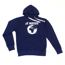 Afbeelding in Gallery-weergave laden, Je Moeder Hoodie Navy. Navy blue  hoodie with white Je Moeder Mother Earth screenprint. Photo of front of hoodie.
