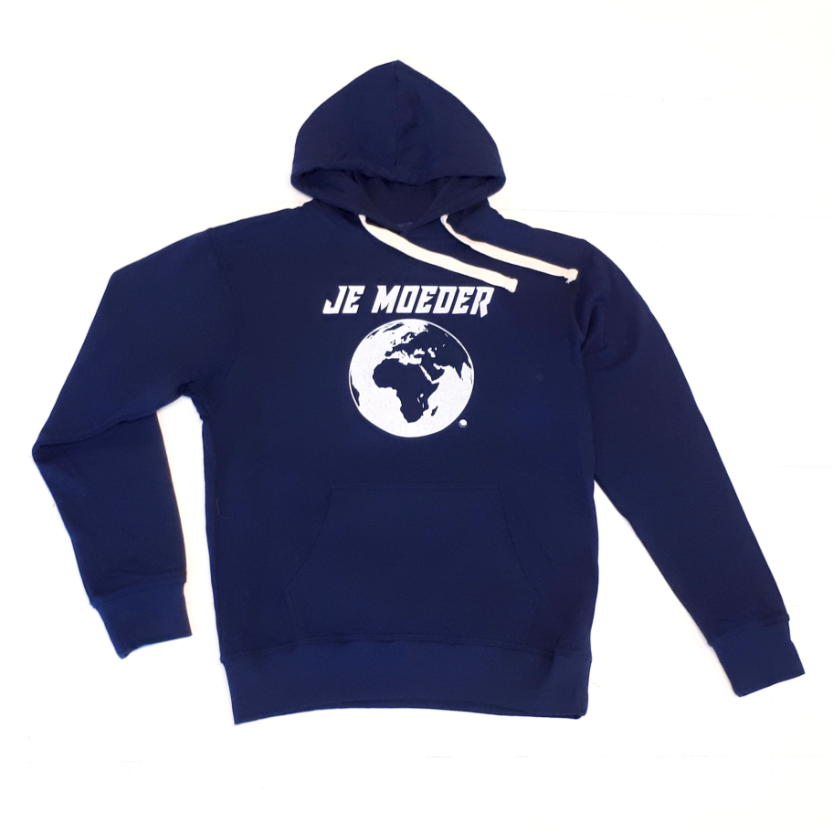Je Moeder Hoodie Navy. Navy blue  hoodie with white Je Moeder Mother Earth screenprint. Photo of front of hoodie.