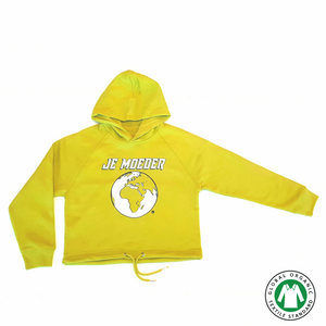 Je Moeder Hoodie Yellow. Short Yellow hoodie with white Je Moeder Mother Earth screenprint. Photo of front of hoodie.