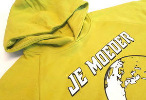 Je Moeder Hoodie Yellow. Short Yellow hoodie with white Je Moeder logo screenprint of Mother Earth.