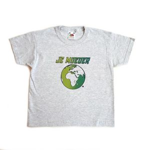 Je Moeder Kinder T-shirt - Grijs kinder t-shirt met groen gele Irisprint van Moeder Aarde.