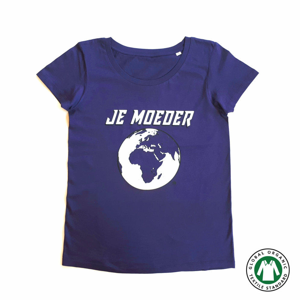 Je Moeder T-shirt - Paars Dames T-shirt met witte opdruk van Moeder Aarde. Foto van de voorkant van dit t-shirt.