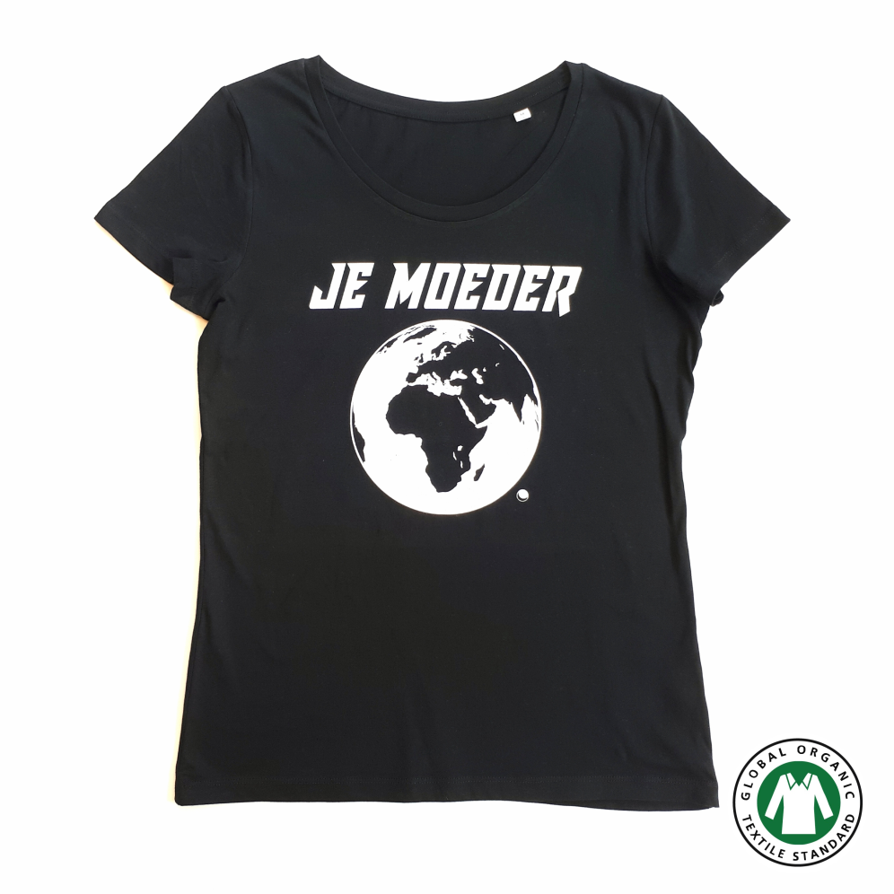 Je Moeder T-shirt - Zwart Dames T-shirt met witte opdruk van Moeder Aarde. Foto van de voorkant van dit t-shirt.