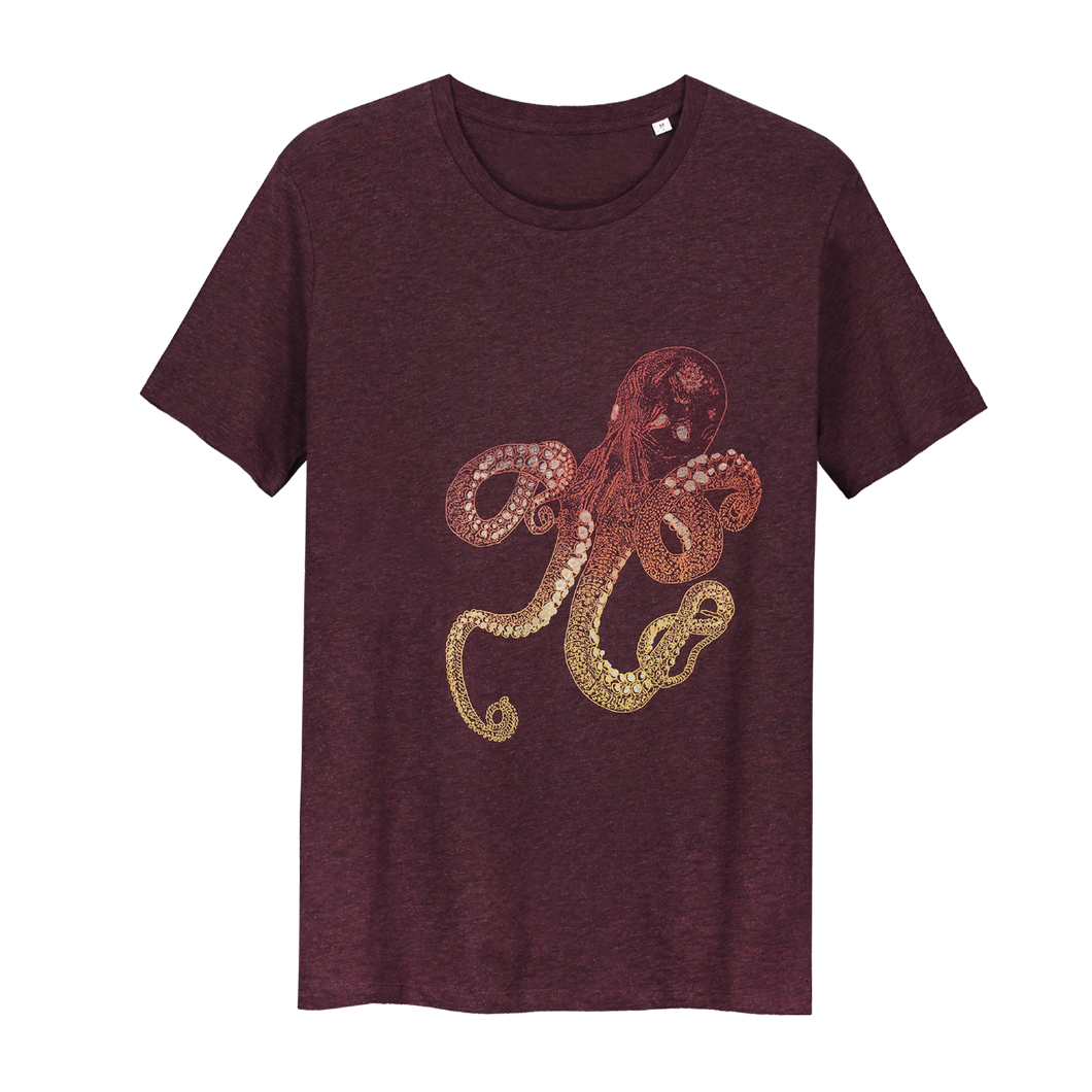 Octopus T-shirt Inktvis t-shirt Glow in the Dark T-shirt - Loenatix T-shirt color Bordeaux  Heather Grape Red