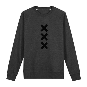 XXX Amsterdam Dark Heather Grey (Black) Sweater - Loenatix Fairtrade Sweater Amsterdam Sweater Jumper color Dark Heather Grey with 3 Velvet Black Amsterdam Crosses