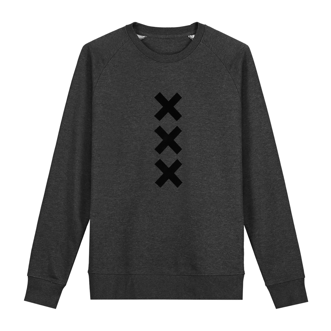 XXX Amsterdam Dark Heather Grey (Black) Sweater - Loenatix Fairtrade Sweater Amsterdam Sweater Jumper color Dark Heather Grey with 3 Velvet Black Amsterdam Crosses