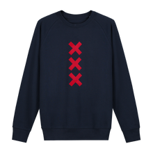 Afbeelding in Gallery-weergave laden, XXX Amsterdam Navy (Red) Sweater Jumper - Loenatix Organic Cotton Fairtrade Sweater Amsterdam Sweater color Navy with 3 Red Amsterdam Crosses

