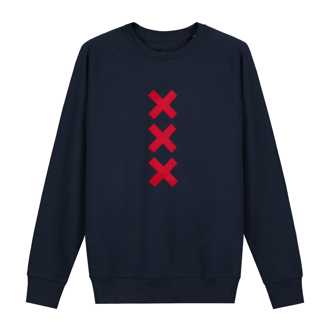 XXX Amsterdam Navy (Red) Sweater Jumper - Loenatix Organic Cotton Fairtrade Sweater Amsterdam Sweater color Navy with 3 Red Amsterdam Crosses